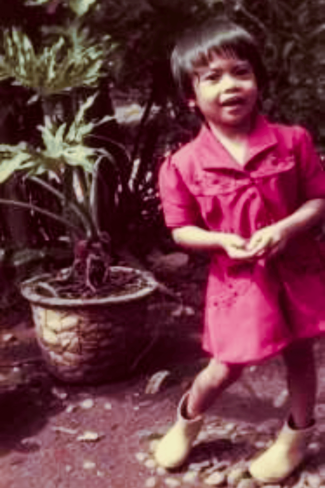 A smiling little girl in a red dress and yellow rain boots posing next to a large, potted plant.