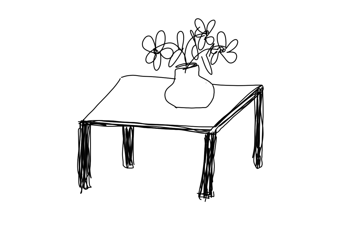 A very simplistic drawing of a rectangular table with a vase of flowers on it.